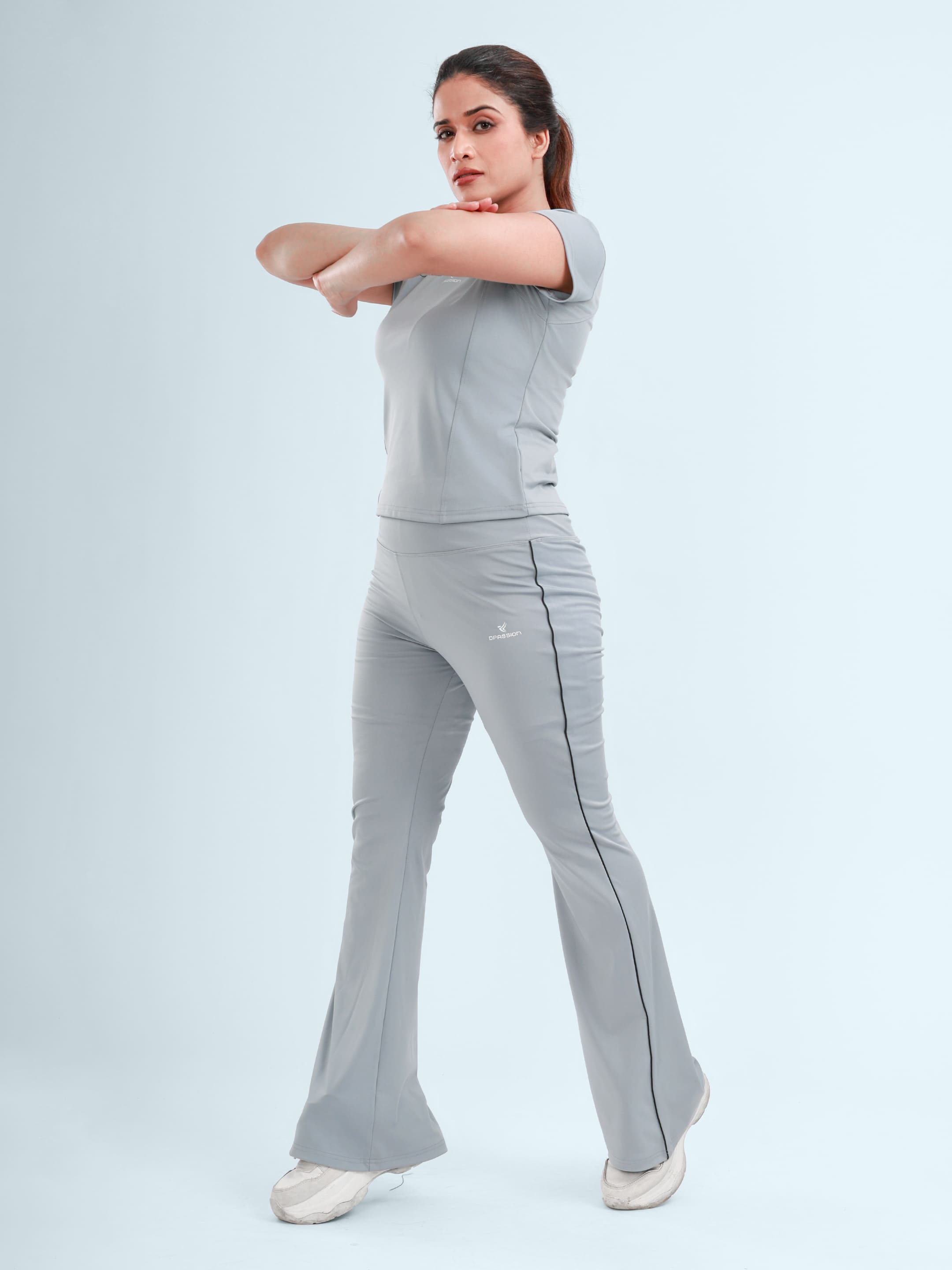 Dpassion Women’s Ice Grey Flared Performance Leggings with Contrast Piping - Dpassion