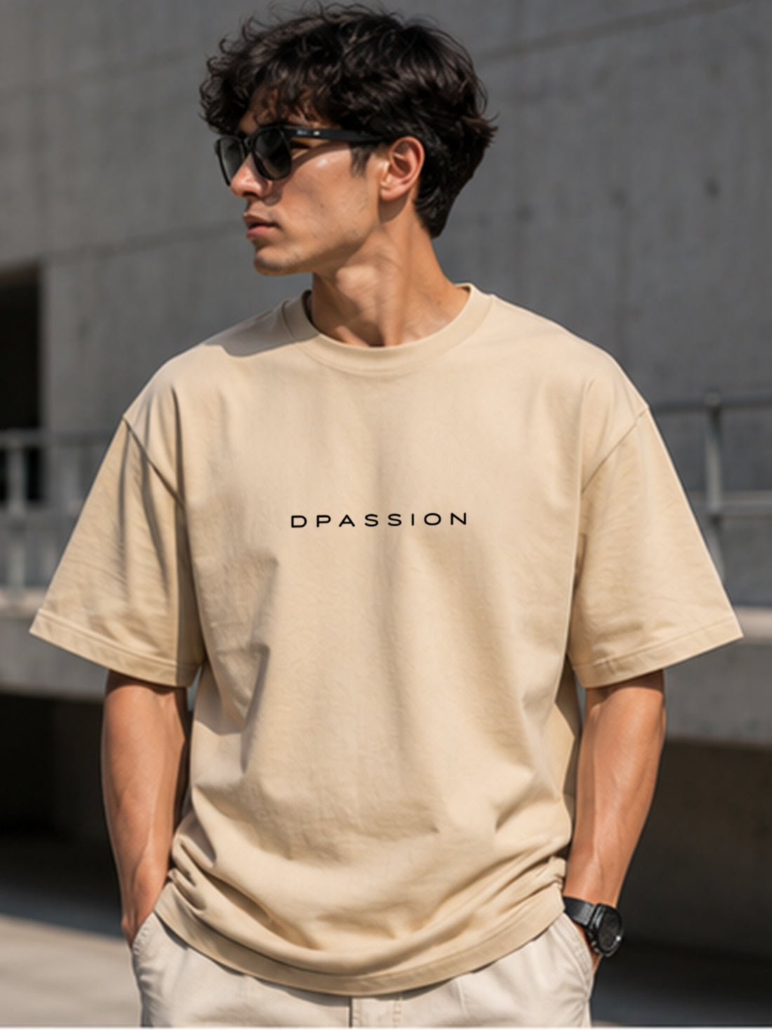 Men's Oversized Drop Shoulder T-Shirt | Pure Cotton Activewear Relaxed Fit Round Neck Streetwear Tee (Beige)