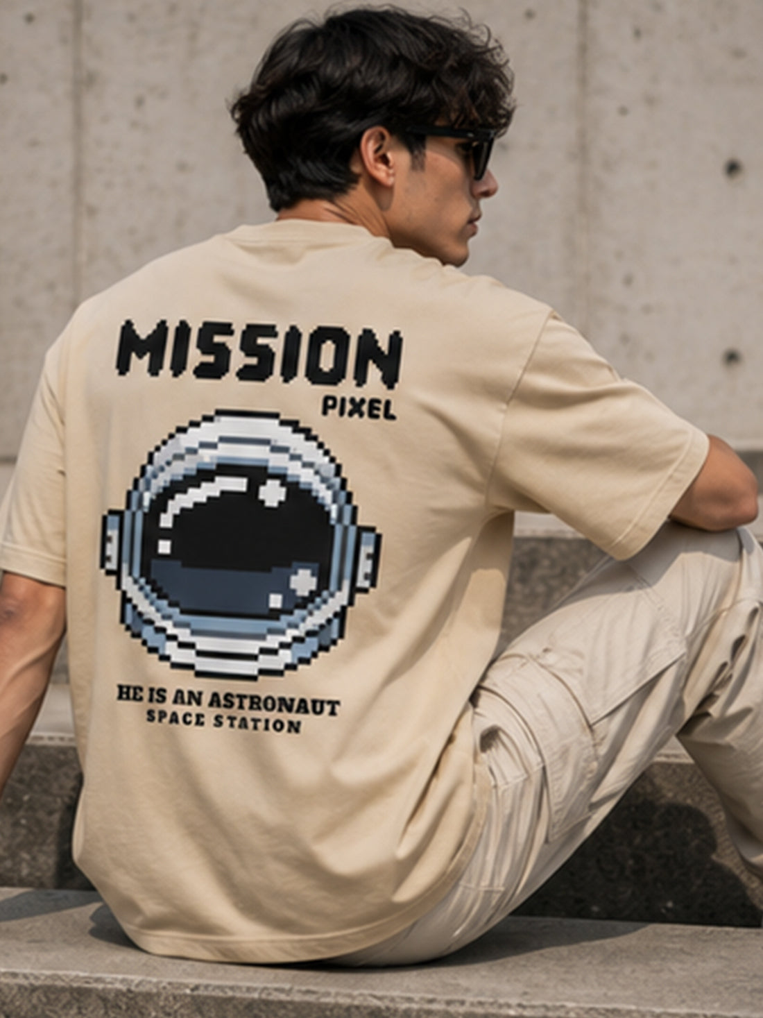 Men's Oversized Drop Shoulder T-Shirt | Pure Cotton Activewear Relaxed Fit Round Neck Streetwear Tee (Beige)