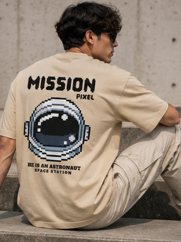 Men's Oversized Drop Shoulder T-Shirt | Pure Cotton Activewear Relaxed Fit Round Neck Streetwear Tee (Beige)