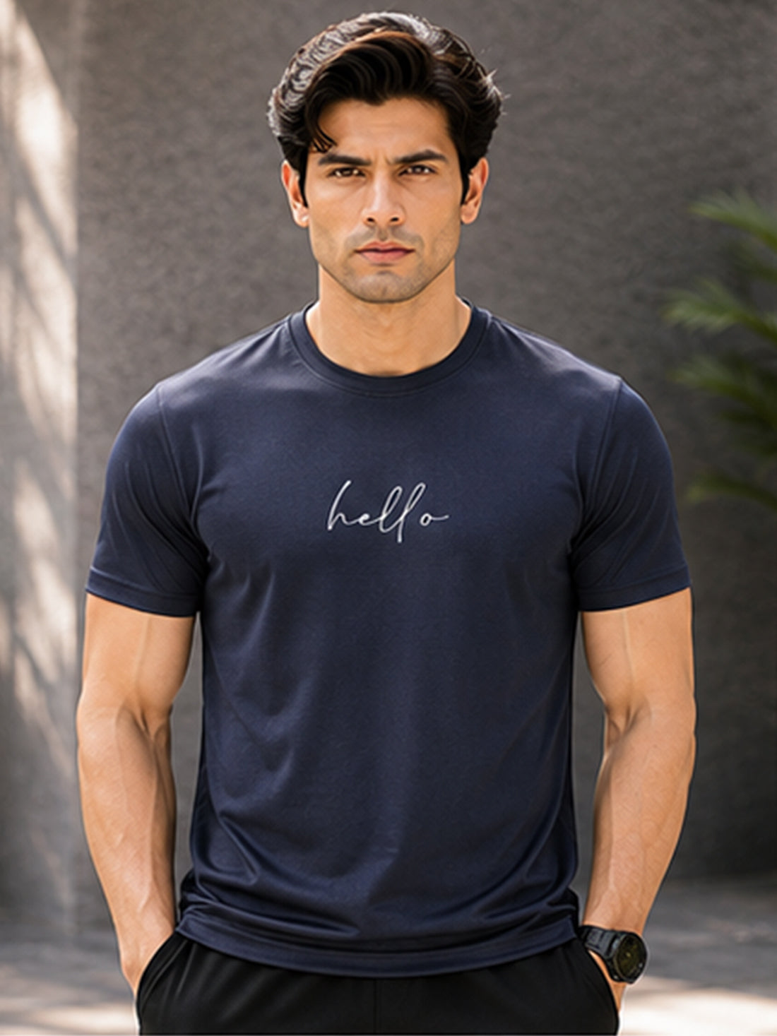 Men's Quick Dry Sports T-Shirt | Printed Gym Workout Running Training Activewear Tee (Navy Blue)