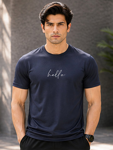 Men's Quick Dry Sports T-Shirt | Printed Gym Workout Running Training Activewear Tee (Navy Blue)