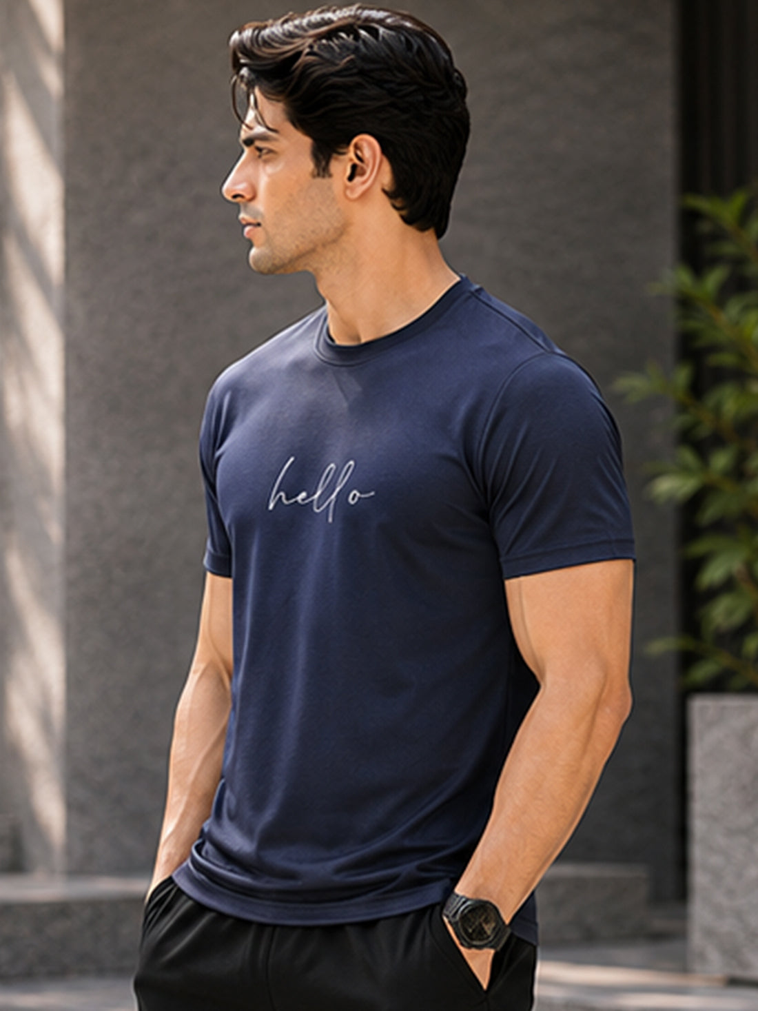 Men's Quick Dry Sports T-Shirt | Printed Gym Workout Running Training Activewear Tee (Navy Blue)