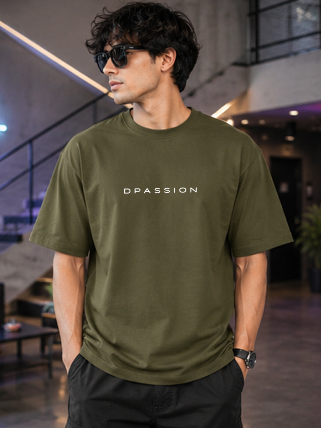 Men's Oversized Drop Shoulder T-Shirt | Pure Cotton Activewear Relaxed Fit Round Neck Streetwear Tee (Olive)