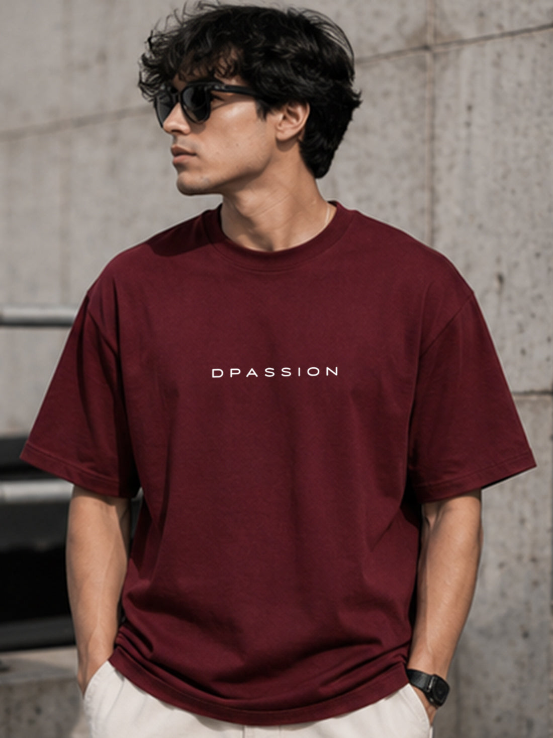 Men's Oversized Drop Shoulder T-Shirt | Pure Cotton Activewear Relaxed Fit Round Neck Streetwear Tee (Wine)