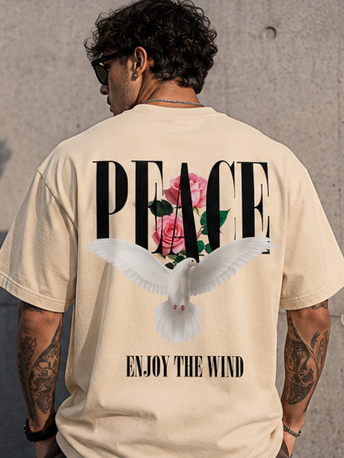 Men's Oversized Drop Shoulder T-Shirt | Pure Cotton Activewear Round Neck Streetwear Tee (Beige)