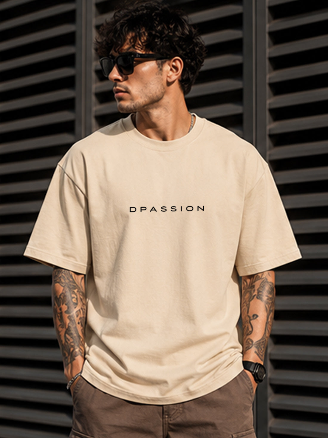 Men's Oversized Drop Shoulder T-Shirt | Pure Cotton Activewear Round Neck Streetwear Tee (Beige)