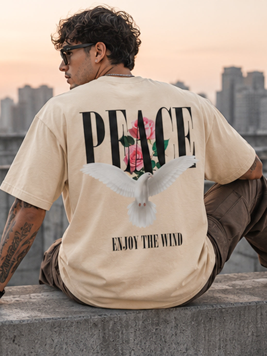 Men's Oversized Drop Shoulder T-Shirt | Pure Cotton Activewear Round Neck Streetwear Tee (Beige)