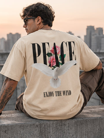 Men's Oversized Drop Shoulder T-Shirt | Pure Cotton Activewear Round Neck Streetwear Tee (Beige)