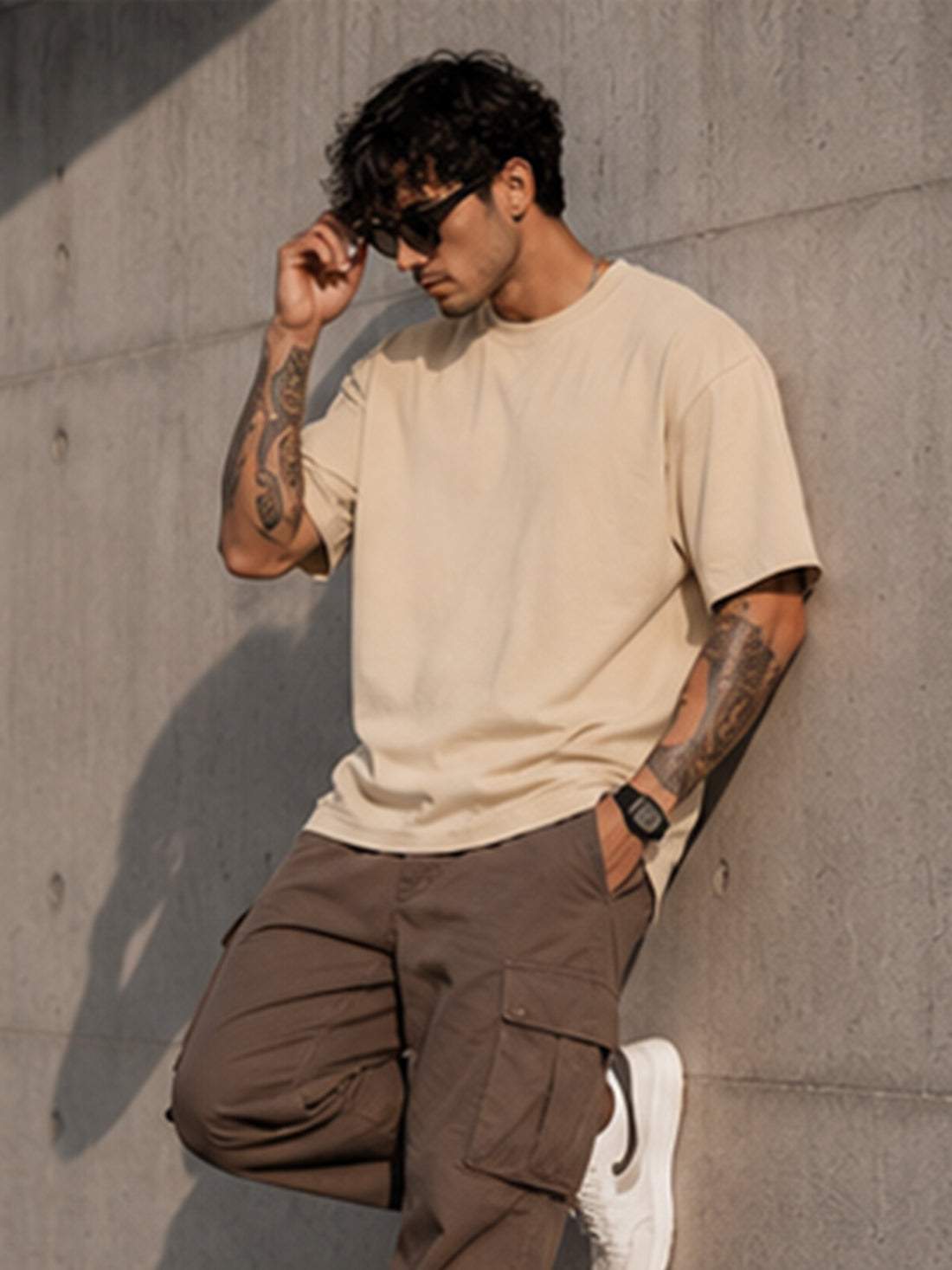 Men's Oversized Drop Shoulder T-Shirt | Pure Cotton Activewear Round Neck Streetwear Tee (Beige)