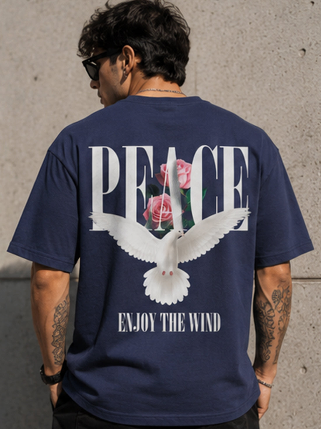 Men's Oversized Drop Shoulder T-Shirt | Pure Cotton Activewear Round Neck Streetwear Tee (Navy Blue)