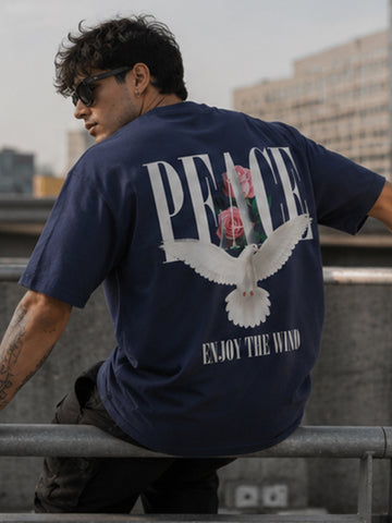 Men's Oversized Drop Shoulder T-Shirt | Pure Cotton Activewear Round Neck Streetwear Tee (Navy Blue)