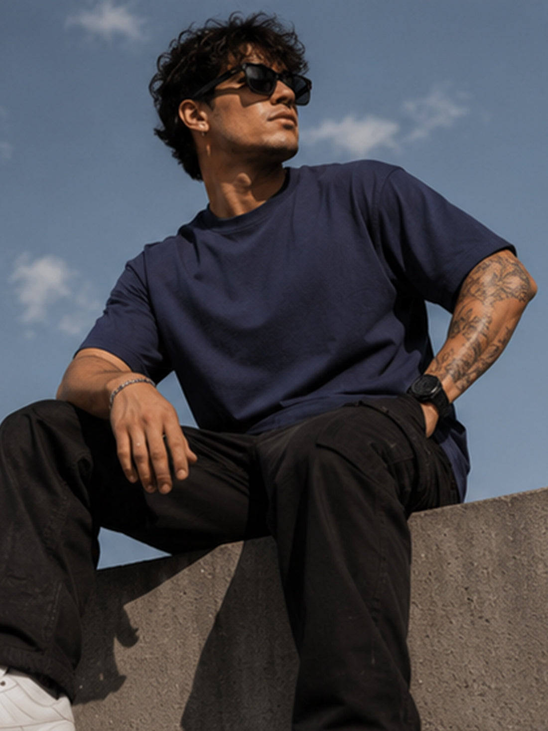Men's Oversized Drop Shoulder T-Shirt | Pure Cotton Activewear Round Neck Streetwear Tee (Navy Blue)