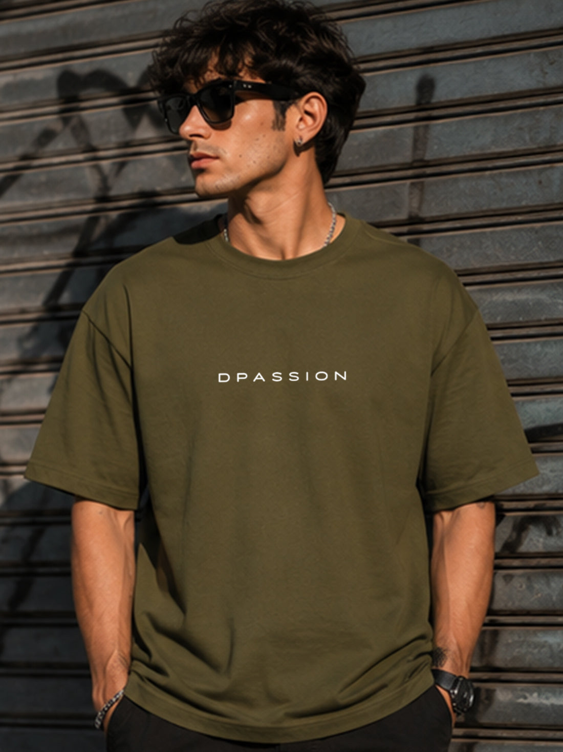 Men's Oversized Drop Shoulder T-Shirt | Pure Cotton Activewear Round Neck Streetwear Tee (Olive)