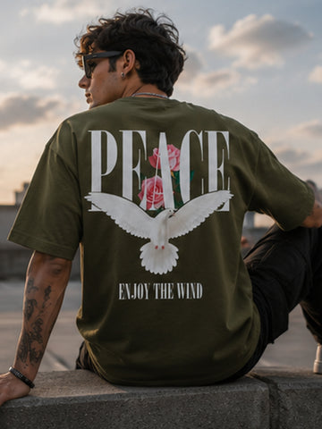 Men's Oversized Drop Shoulder T-Shirt | Pure Cotton Activewear Round Neck Streetwear Tee (Olive)