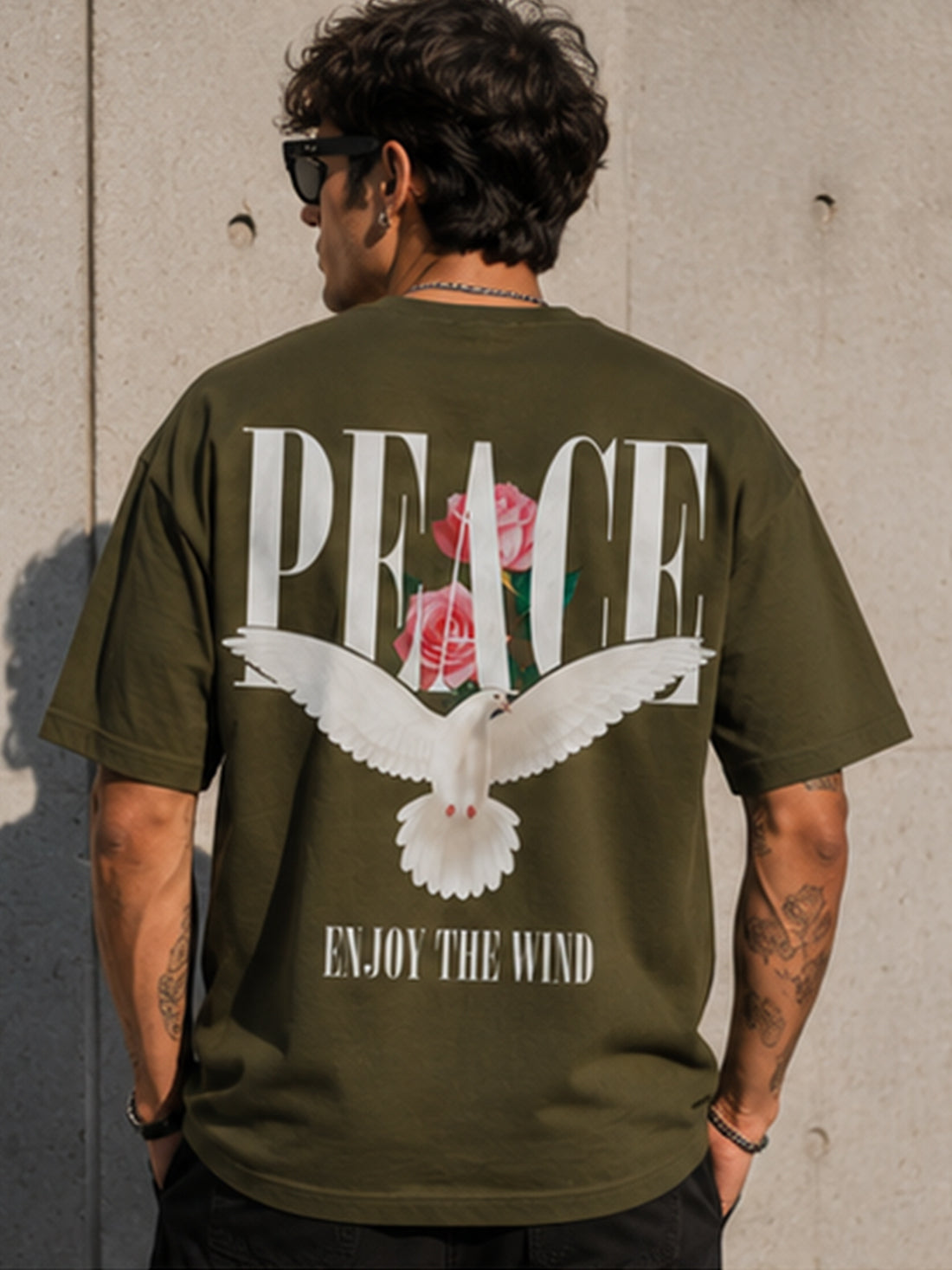 Men's Oversized Drop Shoulder T-Shirt | Pure Cotton Activewear Round Neck Streetwear Tee (Olive)
