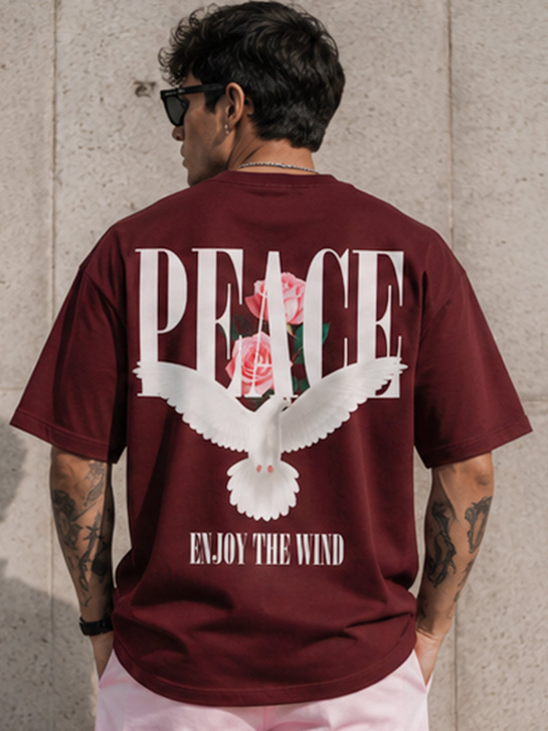 Men's Oversized Drop Shoulder T-Shirt | Pure Cotton Activewear Round Neck Streetwear Tee (Wine)