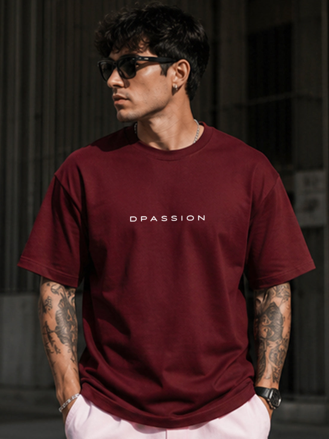 Men's Oversized Drop Shoulder T-Shirt | Pure Cotton Activewear Round Neck Streetwear Tee (Wine)
