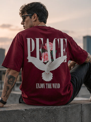 Men's Oversized Drop Shoulder T-Shirt | Pure Cotton Activewear Round Neck Streetwear Tee (Wine)