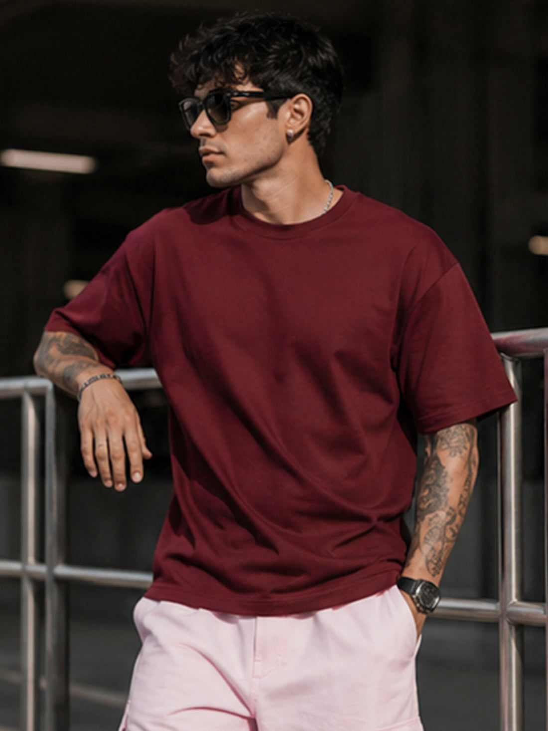 Men's Oversized Drop Shoulder T-Shirt | Pure Cotton Activewear Round Neck Streetwear Tee (Wine)