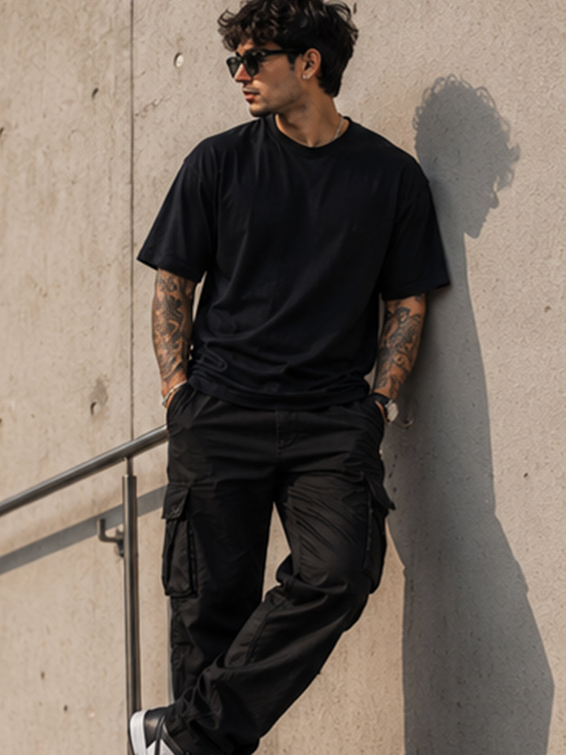 Men's Oversized Drop Shoulder T-Shirt | Cotton Blend Relaxed Fit Round Neck Streetwear Tee (Black)
