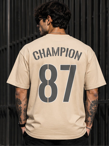 Men's Oversized Drop Shoulder T-Shirt | Cotton Blend Relaxed Fit Round Neck Streetwear Tee (Beige)