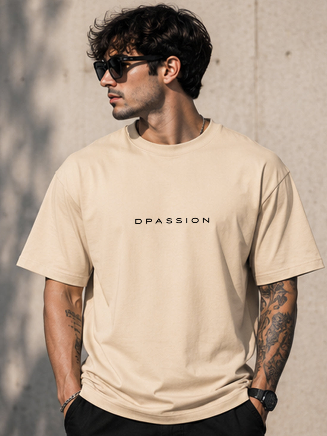 Men's Oversized Drop Shoulder T-Shirt | Cotton Blend Relaxed Fit Round Neck Streetwear Tee (Beige)