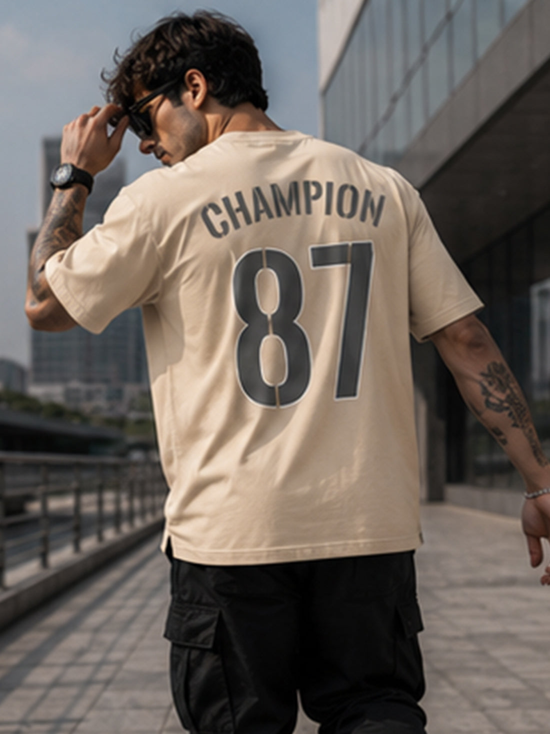 Men's Oversized Drop Shoulder T-Shirt | Cotton Blend Relaxed Fit Round Neck Streetwear Tee (Beige)