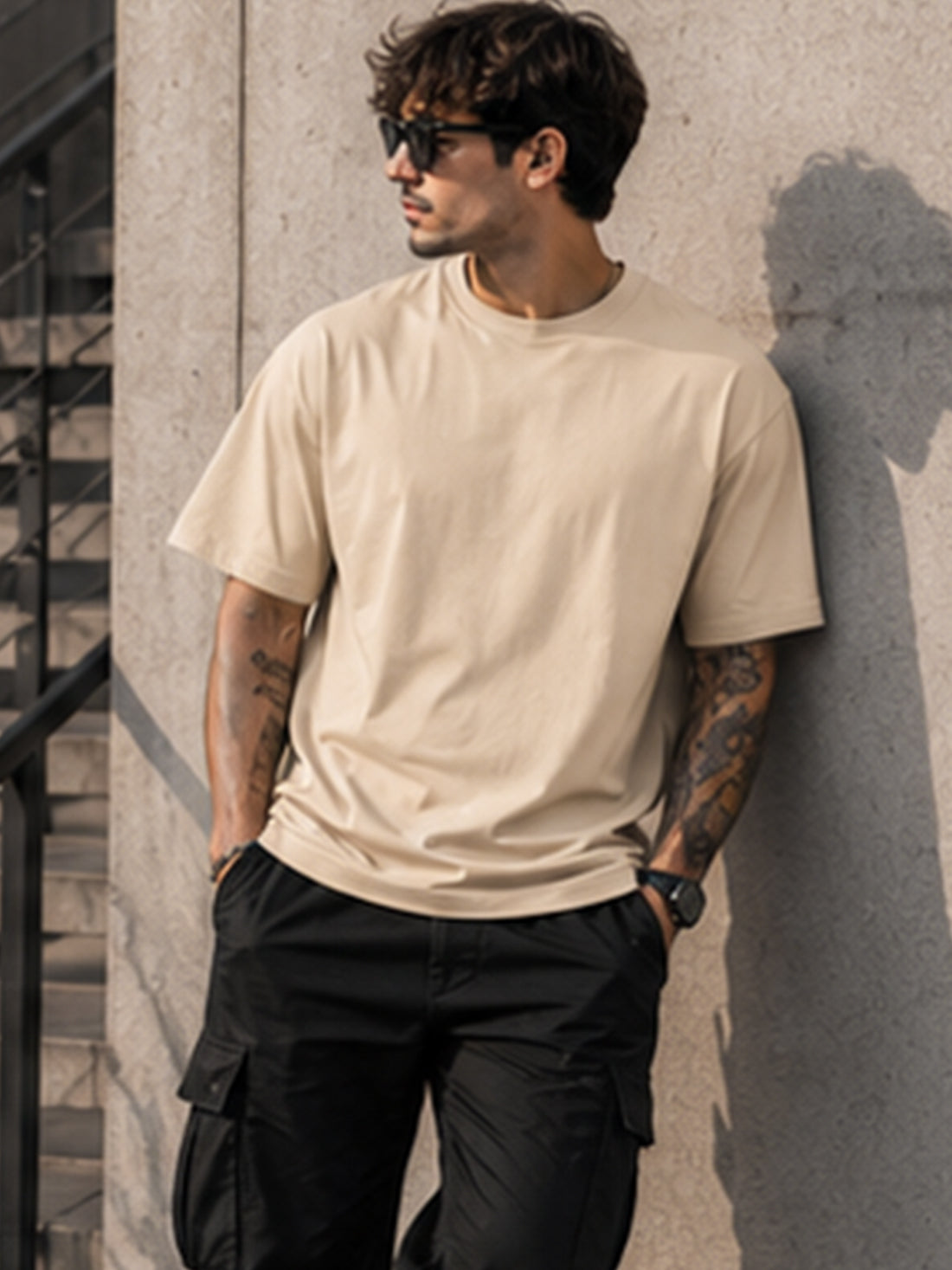 Men's Oversized Drop Shoulder T-Shirt | Cotton Blend Relaxed Fit Round Neck Streetwear Tee (Beige)