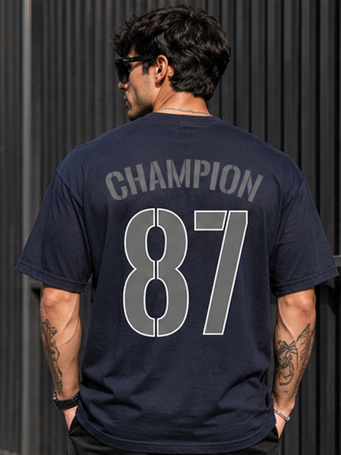 Men's Oversized Drop Shoulder T-Shirt | Cotton Blend Relaxed Fit Round Neck Streetwear Tee (Navy Blue)