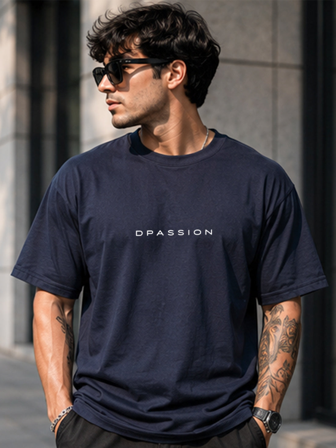 Men's Oversized Drop Shoulder T-Shirt | Cotton Blend Relaxed Fit Round Neck Streetwear Tee (Navy Blue)