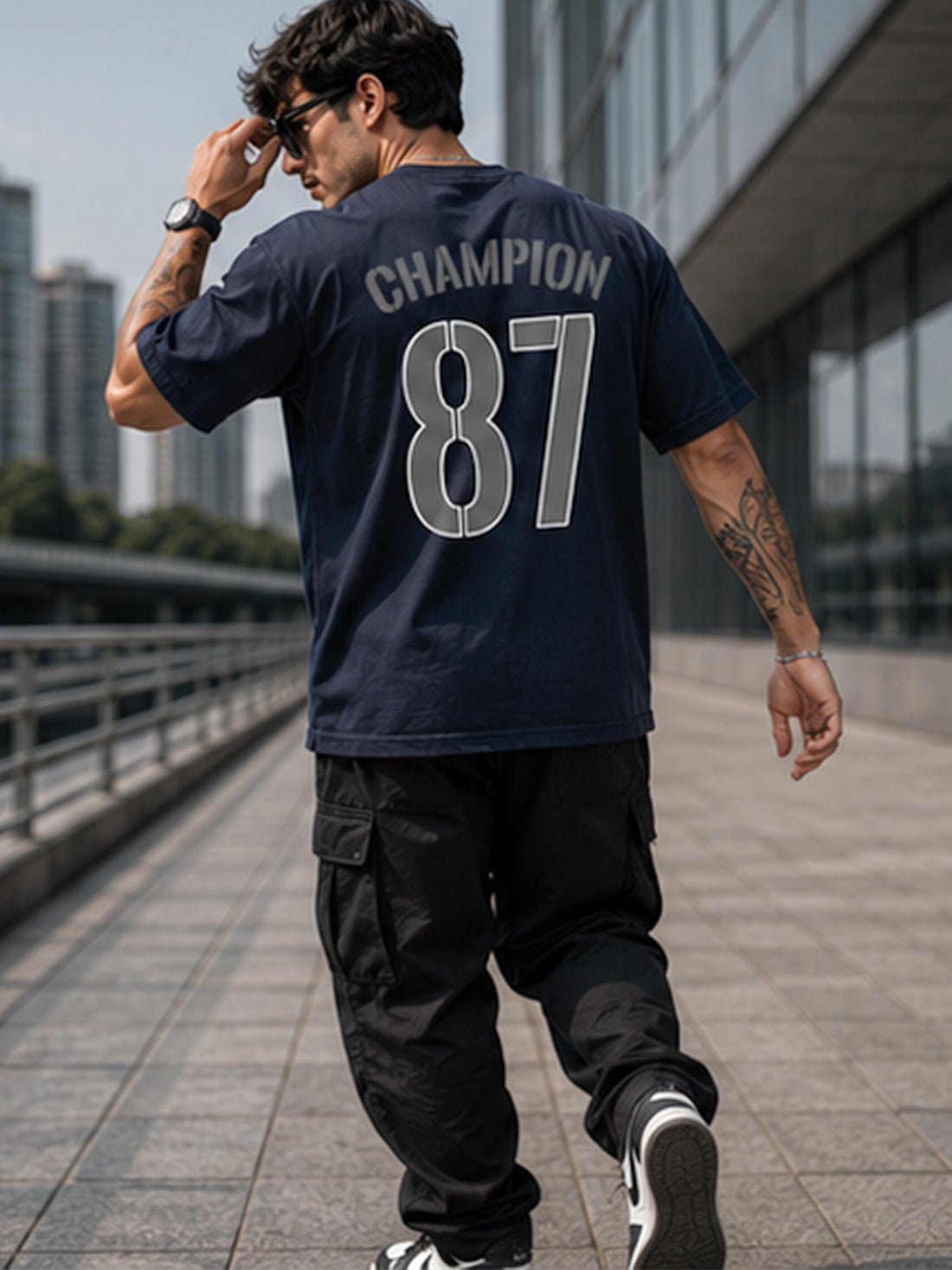 Men's Oversized Drop Shoulder T-Shirt | Cotton Blend Relaxed Fit Round Neck Streetwear Tee (Navy Blue)