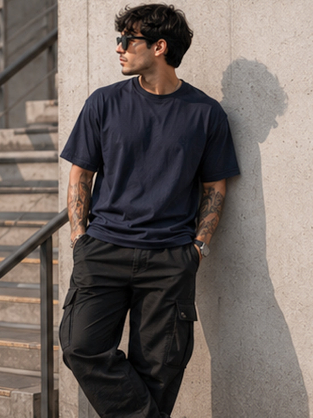 Men's Oversized Drop Shoulder T-Shirt | Cotton Blend Relaxed Fit Round Neck Streetwear Tee (Navy Blue)
