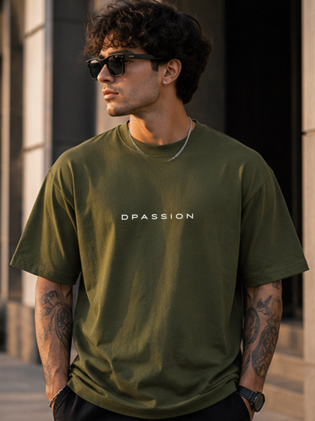 Men's Oversized Drop Shoulder T-Shirt | Cotton Blend Relaxed Fit Round Neck Streetwear Tee (Olive)