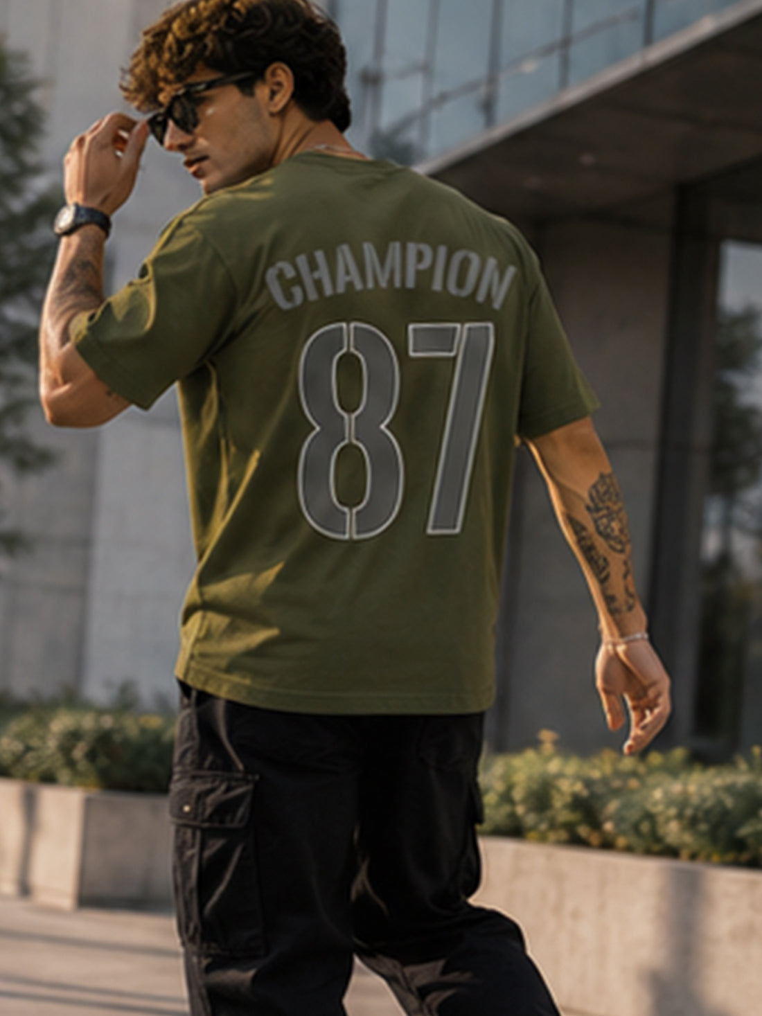 Men's Oversized Drop Shoulder T-Shirt | Cotton Blend Relaxed Fit Round Neck Streetwear Tee (Olive)