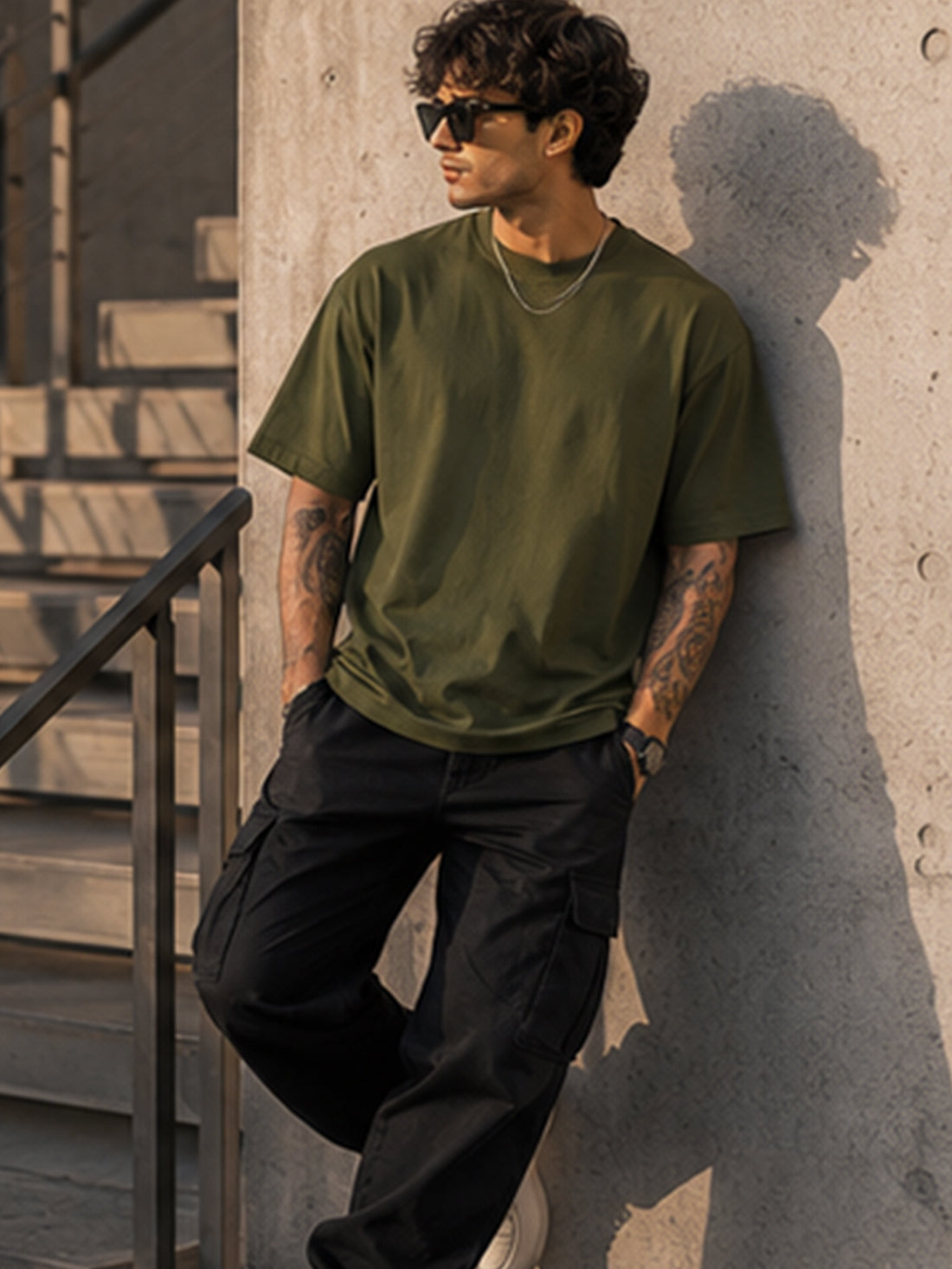 Men's Oversized Drop Shoulder T-Shirt | Cotton Blend Relaxed Fit Round Neck Streetwear Tee (Olive)