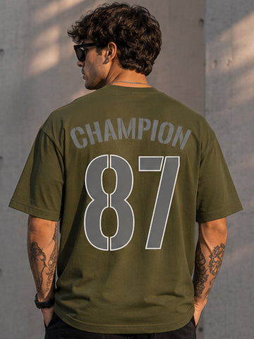 Men's Oversized Drop Shoulder T-Shirt | Cotton Blend Relaxed Fit Round Neck Streetwear Tee (Olive)
