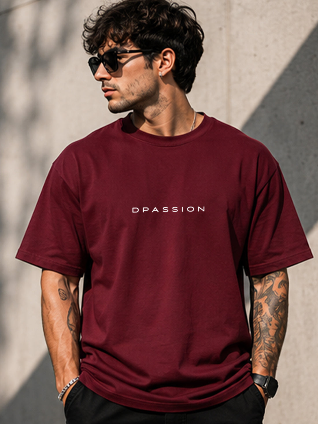 Men's Oversized Drop Shoulder T-Shirt | Cotton Blend Relaxed Fit Round Neck Streetwear Tee (Wine)