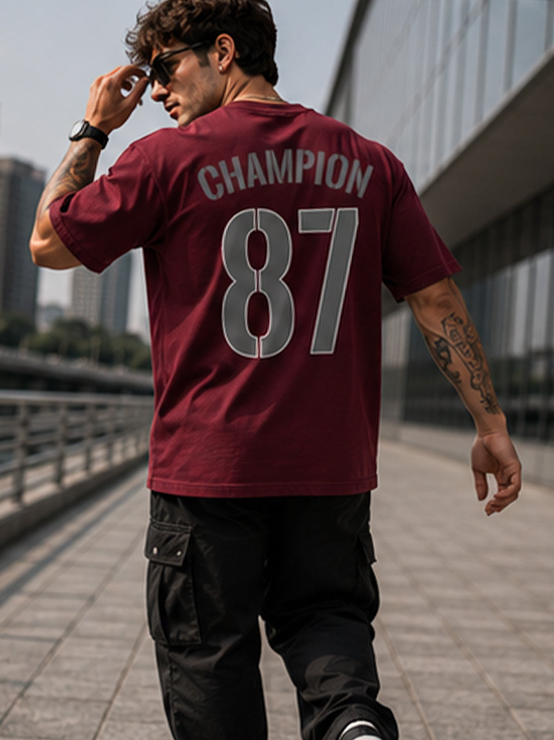 Men's Oversized Drop Shoulder T-Shirt | Cotton Blend Relaxed Fit Round Neck Streetwear Tee (Wine)