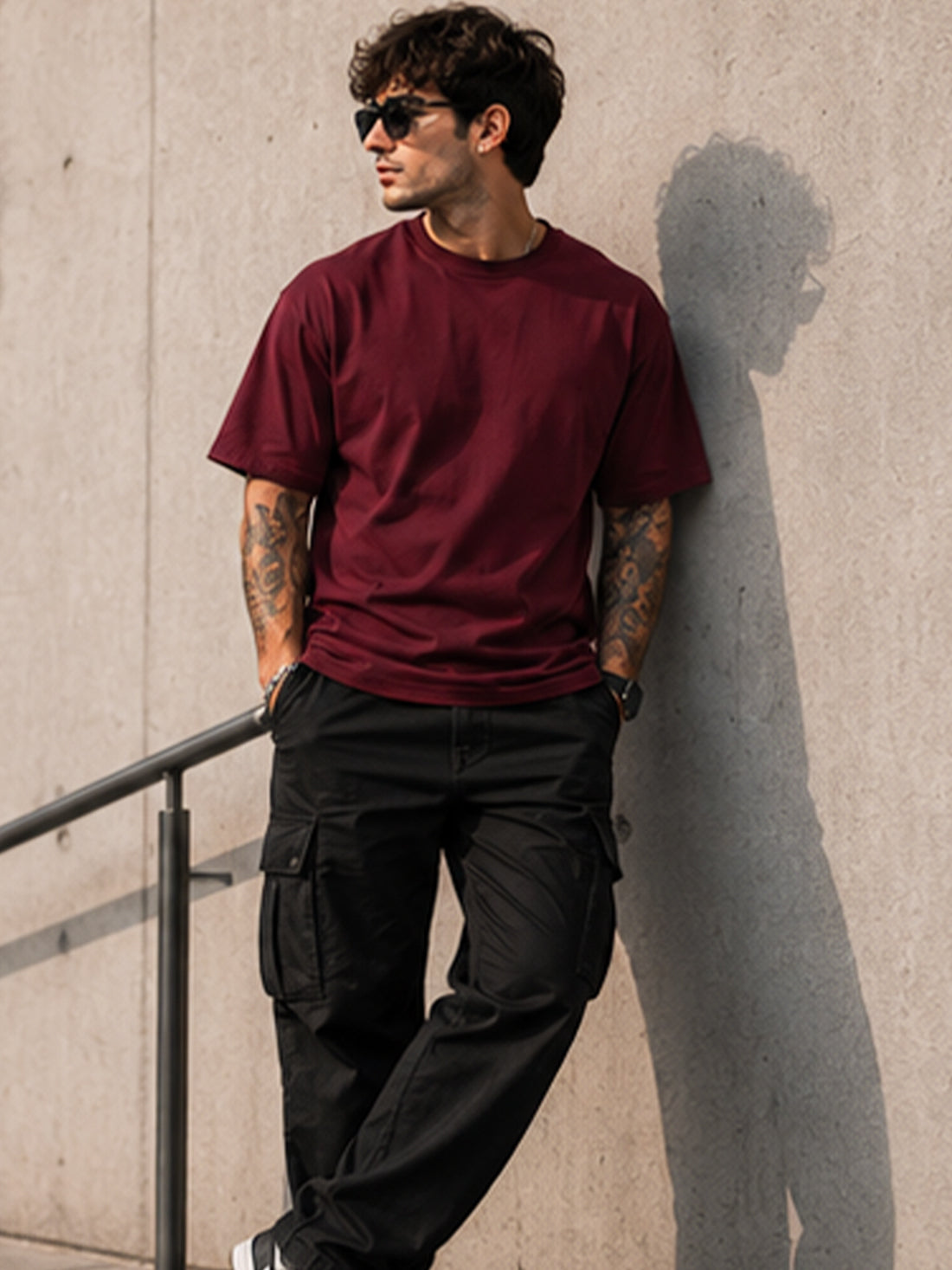 Men's Oversized Drop Shoulder T-Shirt | Cotton Blend Relaxed Fit Round Neck Streetwear Tee (Wine)