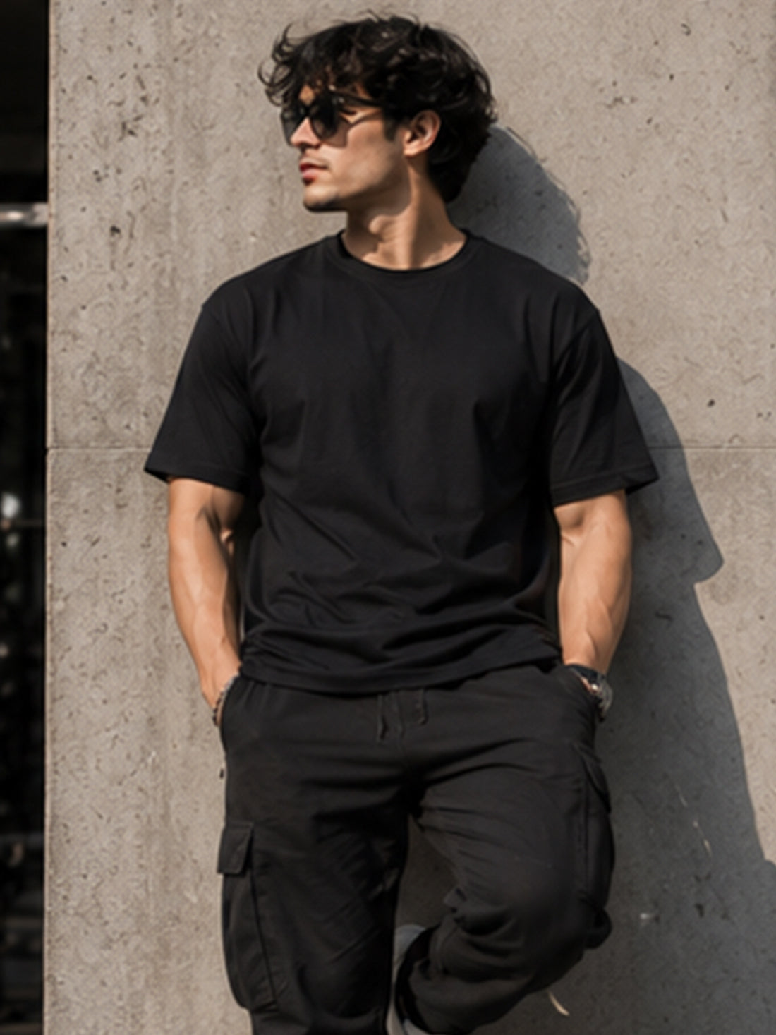 Men's Oversized Drop Shoulder T-Shirt | Cotton Relaxed Fit Round Neck Streetwear Tee (Black)