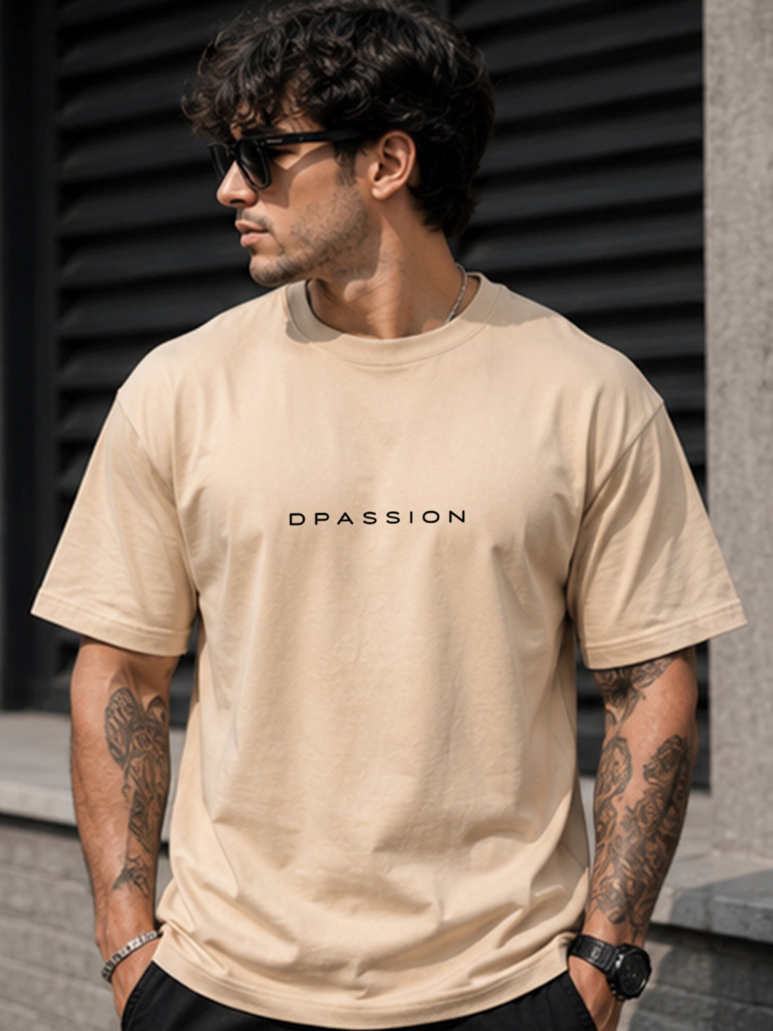 Men's Oversized Drop Shoulder T-Shirt | Cotton Relaxed Fit Round Neck Streetwear Tee (Beige)