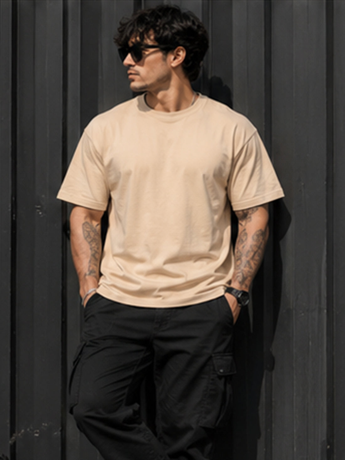 Men's Oversized Drop Shoulder T-Shirt | Cotton Relaxed Fit Round Neck Streetwear Tee (Beige)