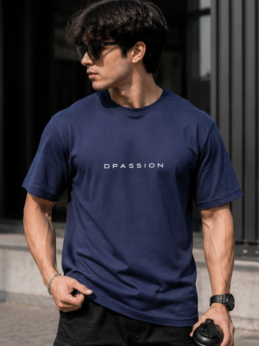 Men's Oversized Drop Shoulder T-Shirt | Cotton Relaxed Fit Round Neck Streetwear Tee (Navy Blue)