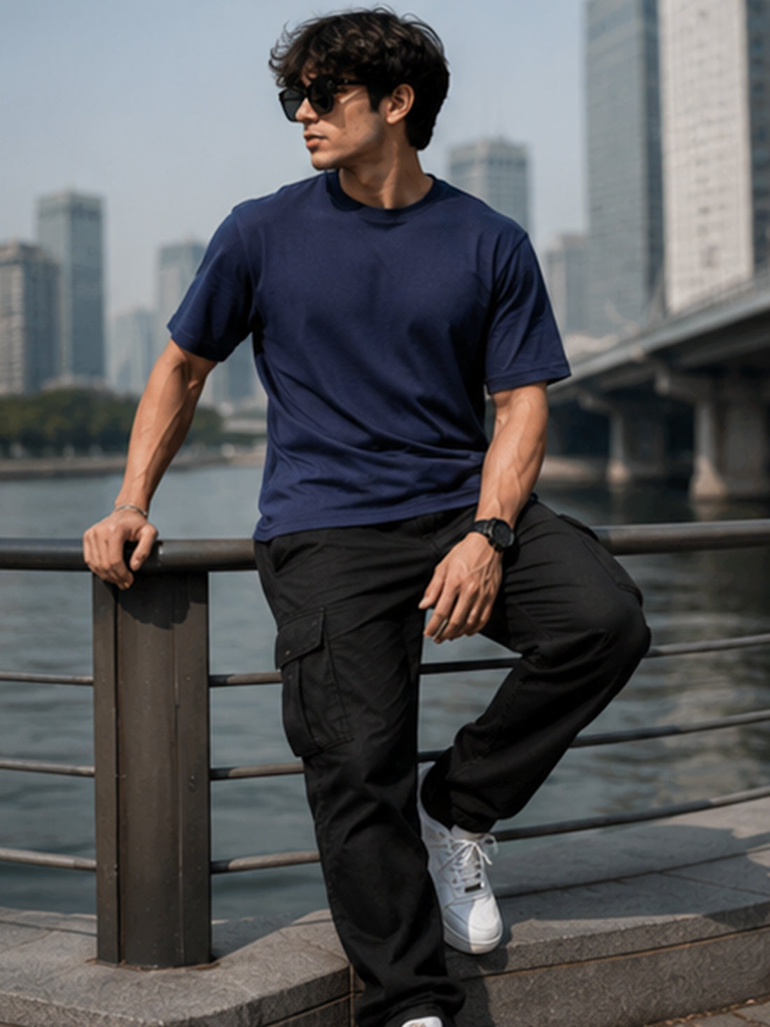 Men's Oversized Drop Shoulder T-Shirt | Cotton Relaxed Fit Round Neck Streetwear Tee (Navy Blue)