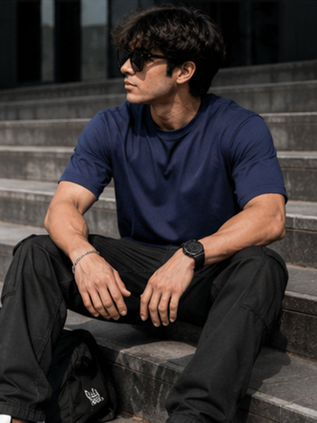 Men's Oversized Drop Shoulder T-Shirt | Cotton Relaxed Fit Round Neck Streetwear Tee (Navy Blue)