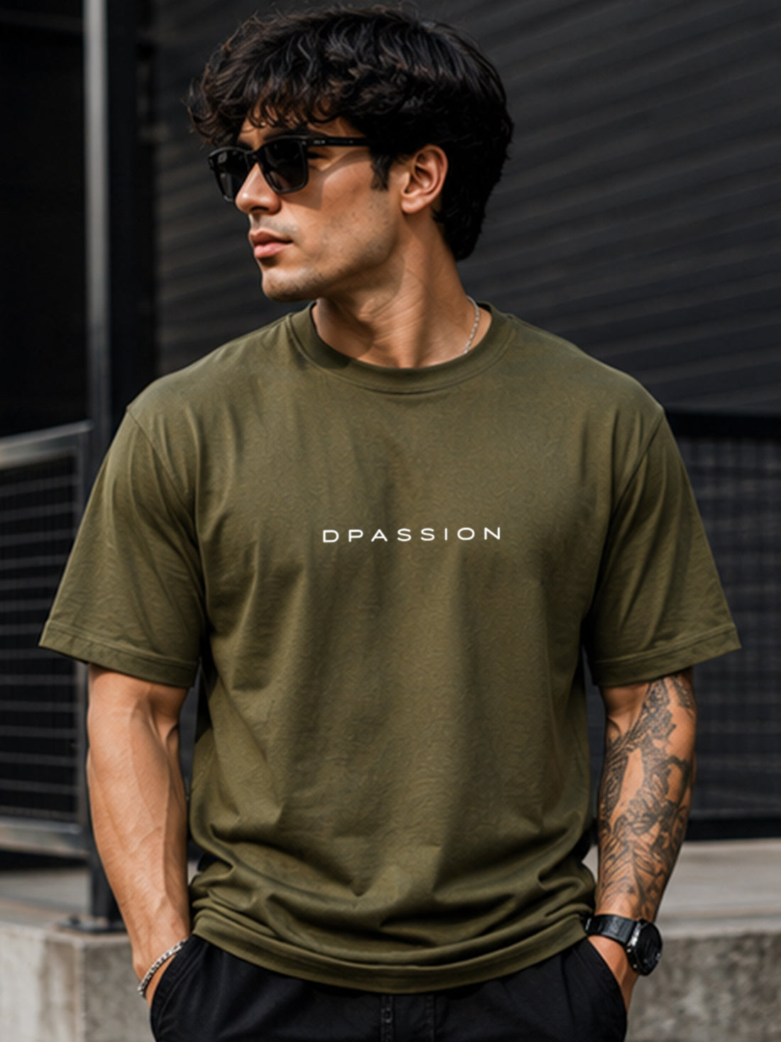 Men's Oversized Drop Shoulder T-Shirt | Cotton Relaxed Fit Round Neck Streetwear Tee (Olive)