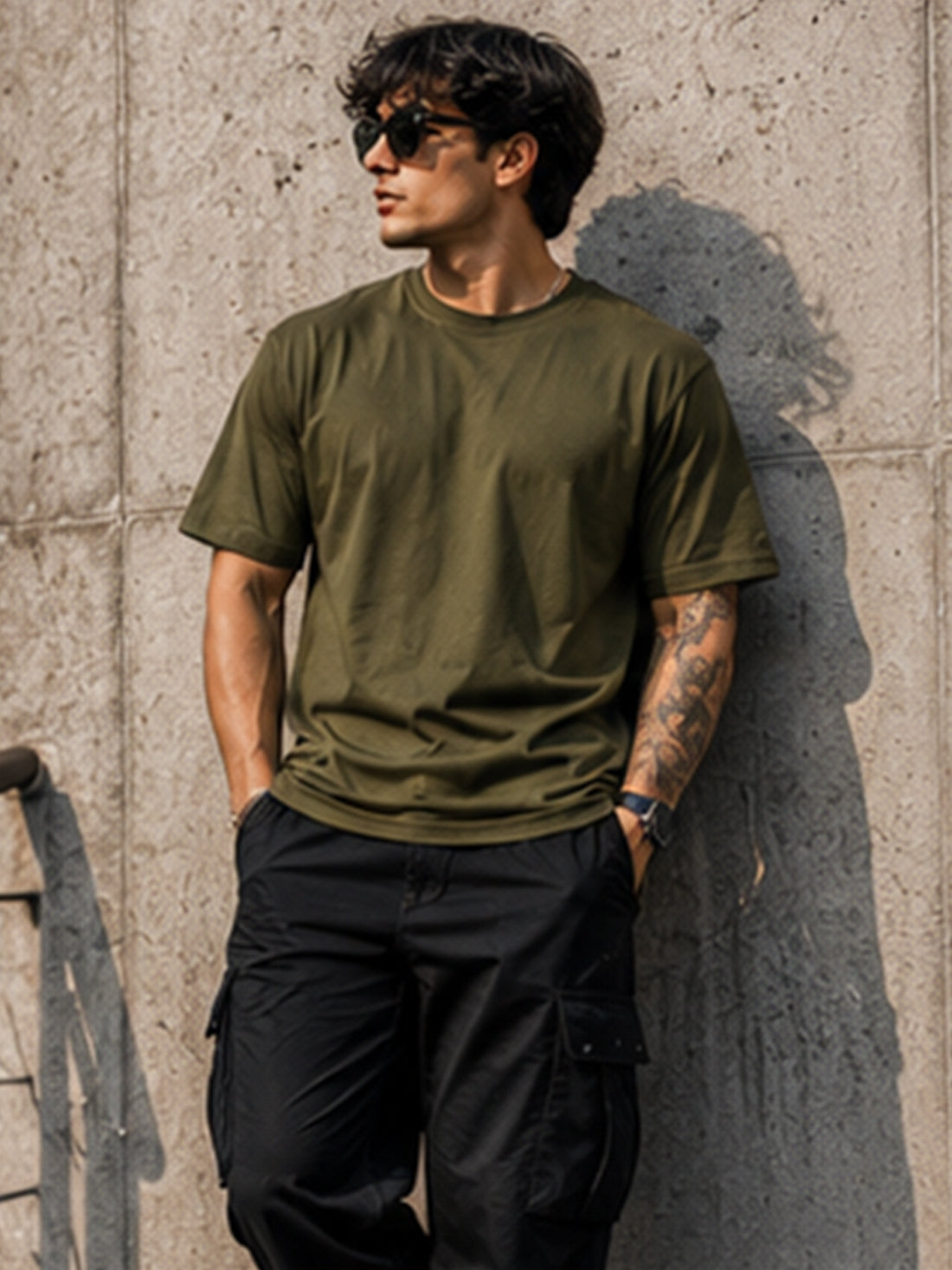 Men's Oversized Drop Shoulder T-Shirt | Cotton Relaxed Fit Round Neck Streetwear Tee (Olive)