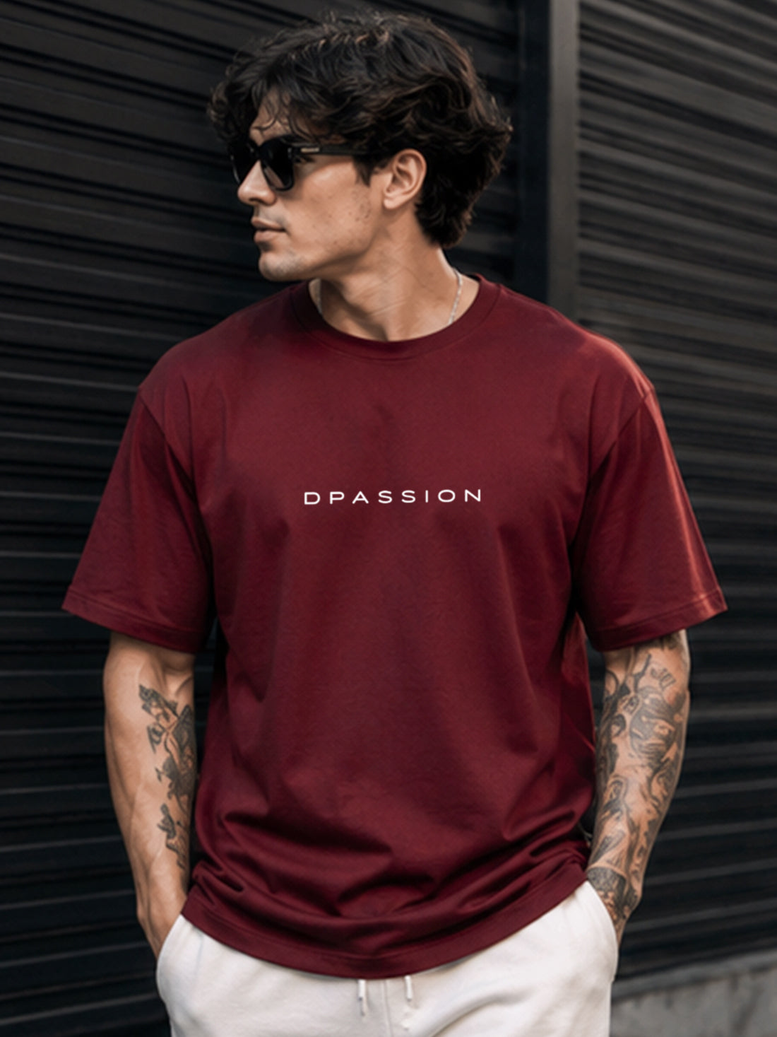 Men's Oversized Drop Shoulder T-Shirt | Cotton Relaxed Fit Round Neck Streetwear Tee (Wine)
