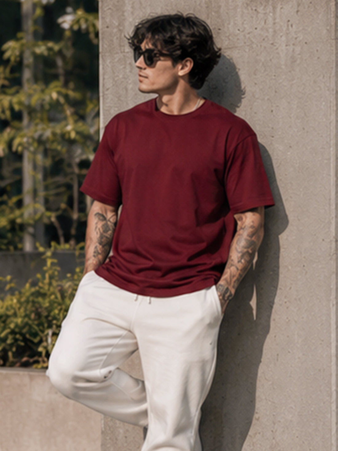 Men's Oversized Drop Shoulder T-Shirt | Cotton Relaxed Fit Round Neck Streetwear Tee (Wine)